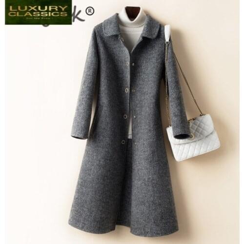 Women Autumn 100% Coat Wool Coat Female Korean Plaid Slim Fit Woolen Jacket Ladies Long Cashmere Abrigo Mujer 2021 19054