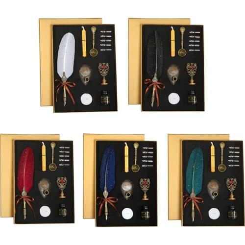 1set Retro Sprinkling Gold with Nib Ink Bottle Calligraphy Feather Dip Pen Kit Feather Writing Dip Pen Stationery Gift for Kids