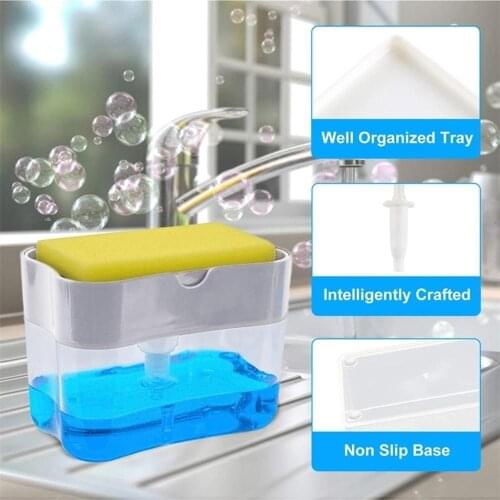 2-in-1 Sponge Rack Soap Dispenser 13 Ounces Soap Pump & Sponge Caddy Bathroom Kitchen Organizer Household Cleaning Accessories