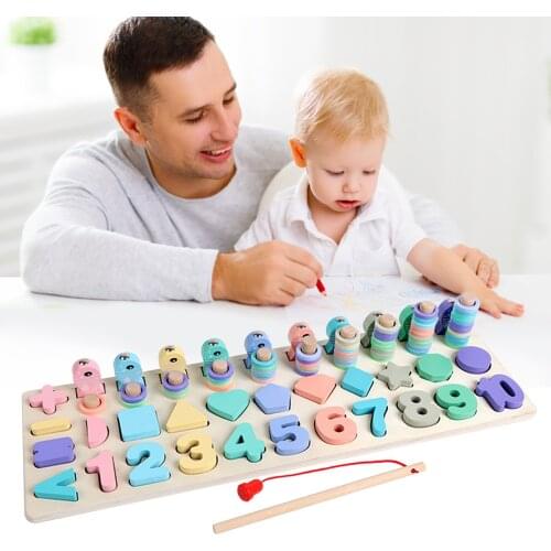5-in-1 Wooden Number Puzzle Logarithmic Board Shape Sorter Counting Magnetic Fishing Game Toy for Toddlers Preschool Education