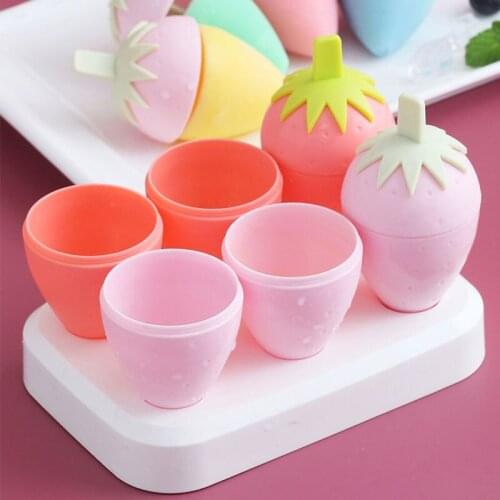 6 Pcs/Lot Silicone Ice Mould Strawberry Shape Dessert Ice Cream Mold With Popsicle Stick Home Kitchen Tools