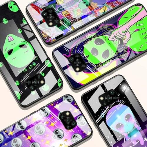Cartoon Space Alien for Xiaomi POCO X3 NFC F3 M2 X2 F2 Redmi K30 Redmi Note 9 Pro Luxury Tempered Glass Phone Case Cover