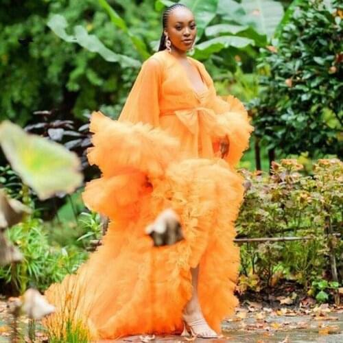 High Street Orange Ruffles Tulle Women Formal Event Party Dresses Puffy Maternity Robes To Photoshoot
