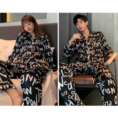 Lovers Pyjamas Women Full Sleeve Silk Satin Pajama Alphabet cartoon Couple ice silk Pajamas For Women Cute Sleepwear Pijama Suit