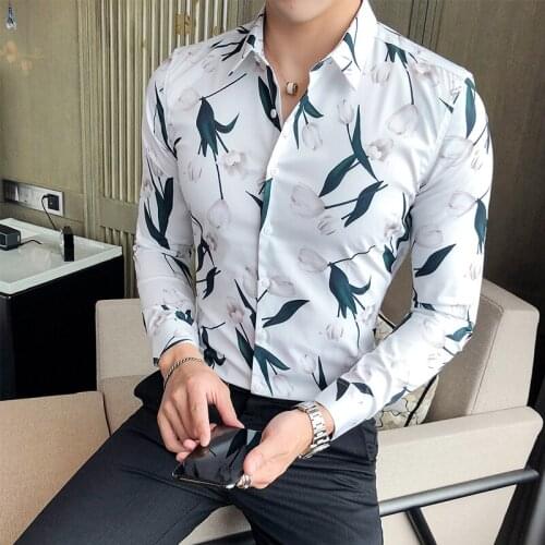 Mens Leisure Printed Floral Nightclub Shirt Long Sleeve Lapel Shirts Slim Fit Buttons Front C7