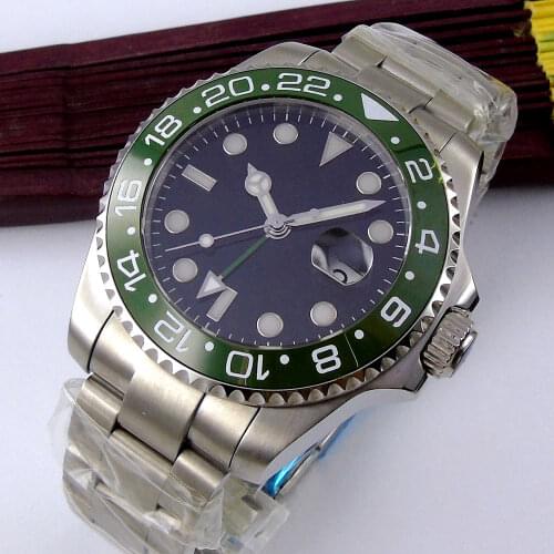 40MM Black Sterile Dial Sapphire Glass Date Deployment Luminous Steel Bracelet GMT Automatic Movement Mens Watch