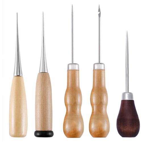 LMDZ 5 Pcs Leather Craft Awl Set Double Gourd Wooden Handle Cone Single Gourd Red Wooden Handle Cone and Black Tail Cone