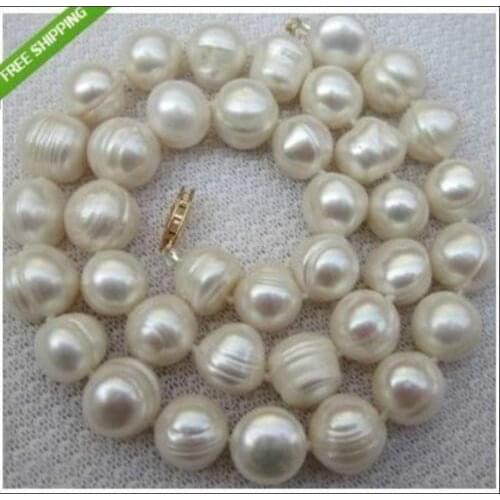18" 12-11 MM SOUTH SEA NATURAL White PEARL NECKLACE 925silver GOLD CLASP