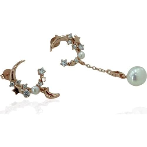 With pearl Top Quality Moon Star 925 Silver Earrings
