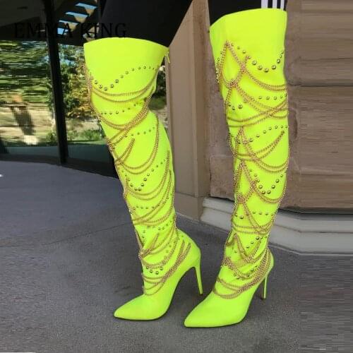 Fashion Women Metal Chain Decor Boots Ladies Neon Green Thin High Heels Long Boots Sexy Pointed Toe Thigh Boots Botas Mujer