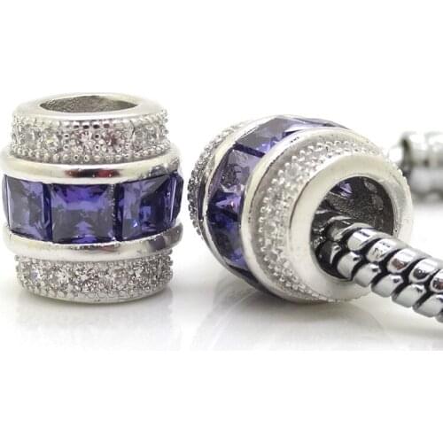 Silver Color Drum Shape Slide Charm Pave Purple CZ Crystal European Bead Fits For DIY Pandora Bracelet Big Hole Beads
