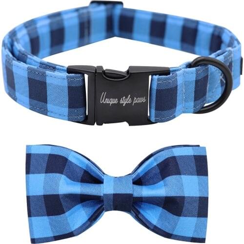 Blue Plaid Dog Collar with Bow Tie Soft and Cotton Fabric Collar Metal Buckle Adjustable Pet Accessory