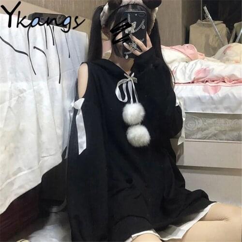Sweet Harajuku Hollow Out Strapless Long Sleeve Hooded Sports Sweatshirt Korean Preppy Style Tops Black Plus Size Loose Clothing