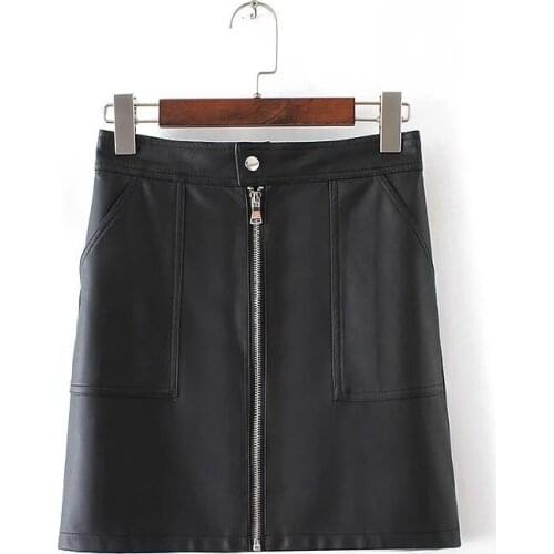 PU leather skirt black fashion sexy PU mini skirt with two pockets for four season