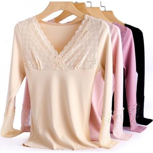 Women 2021 Autumn Winter Plus Velvet Thermal Underwear Female Body-hugging V-Neck Lace Sexy Base Shirt Thick Warm Slim Tops A385