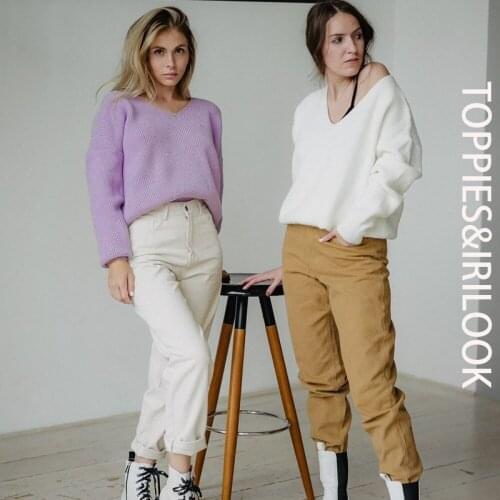 Toppies 2020 Fall Woman Sweater sexy loose deep v-neck one shoulder sweater white knitter tops Korean Winter Clothes