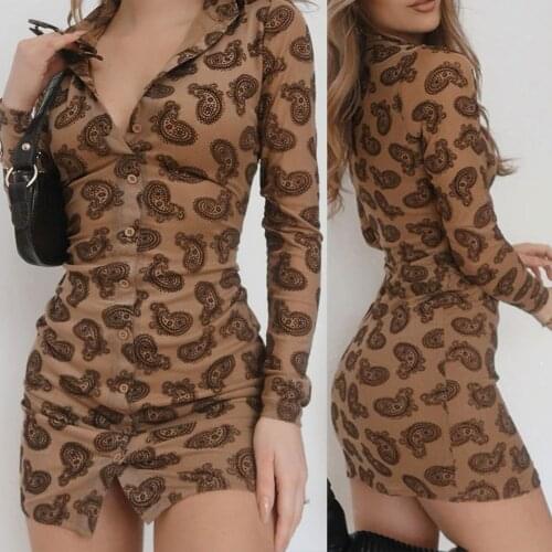 Women Fashion Collar Print Dress Stylish Long Sleeve Dress for Ladies Female Button Sexy Bandage