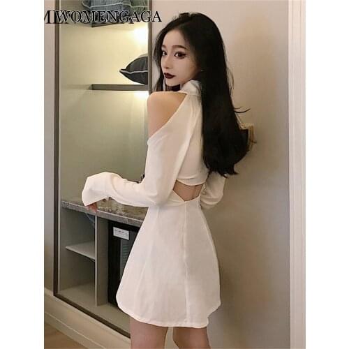 WOMENGAGA Spring Autumn Halter Neck Hollow Out Sexy Fashion Strapless Backless Full Sleeve Dress Mini Dresses UUBB