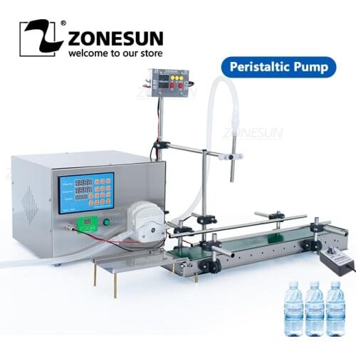 ZONESUN Small Automatic Liquid Perfume Essential Oil Ink Water Juice Drink Peristaltic Pump Filling Machine Line With Conveyor