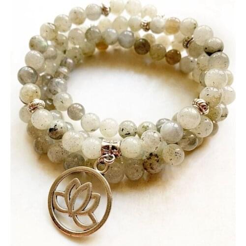 Natural Labradorite Bracelet Necklace 6mm Prayer 108 Beads Tibetan Mala Bracelet Crystal Beads Stone Jewelry Handmade Lotus 1pc