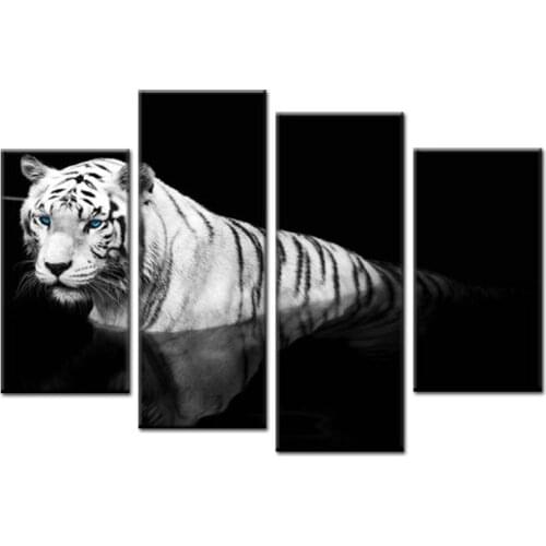 4 Pieces/set Canvas Print Animal White Tiger in Black Wall Art Picture with Modern Wall Paintings Modular picture (Unframed)