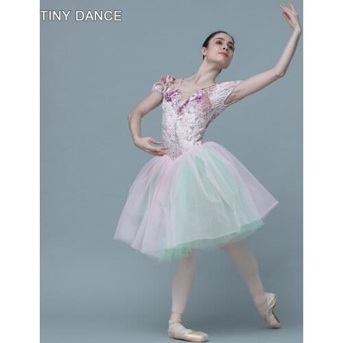 Off-the-shoulder Ballet Dance Tutu Leotard Dress for Girls Pink Velvet Bodice with Attached Pink/Green Romantic Tutu 20108