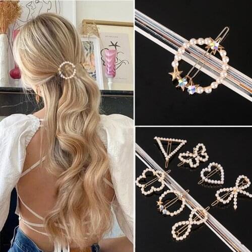 Elegant Geometric Round Barrette Women Girls Sweet Hairpins Pearl Hair Clip Fashion Bow HairClip Alloy Hairgrip Hair Accessories