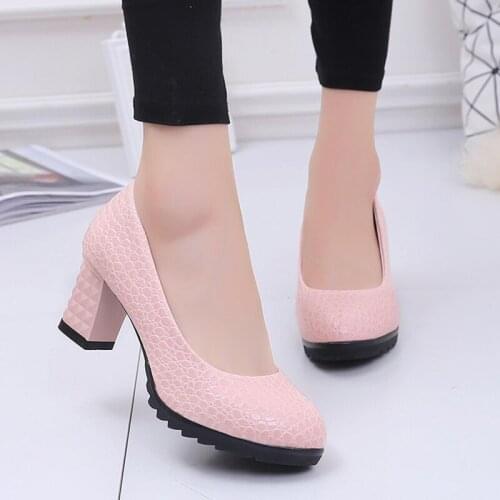 Akexiya 2021 Elegant Thick High Heels Pumps Women Fashion Solid Color PU Leather Wedding Shoes Woman Shallow Mouth Pumps Female