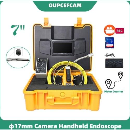Φ17mm Camera Drain Pipe Sewer Inspection Endoscope System 7 Inch Screen With DVR Keyboard Meter Counter φ5mm Cable Yellow Case