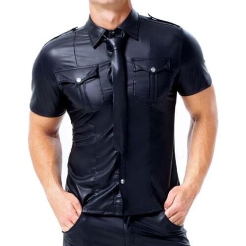 Men PU Leather T-shirt Tie Turn-down Collar Button Short Sleeve Tee Shirts Sexy Chemise Latex Clubwear Tops Streetwear Plus Size