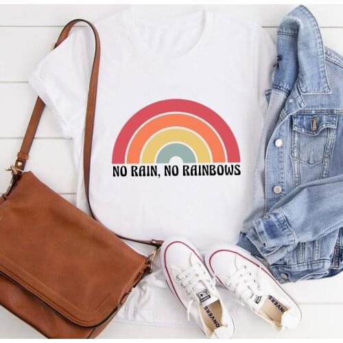 Colored No Rain No Rainbows T-shirt Retro 70s Hippie Rainbow Tee Top Aesthetic Women Short Sleeve Positivity Quote Tshirt