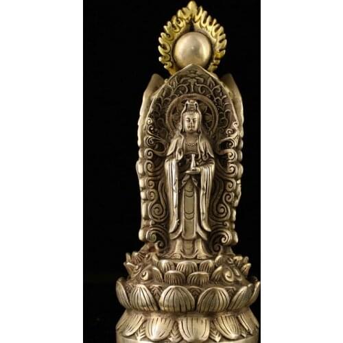 7" xuande Chinese Antique bronze handmade silvering gilt three face statue