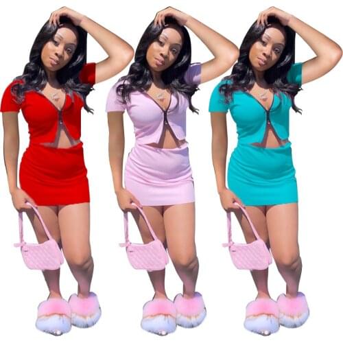 Echoine Women Charming Solid zipper Two Piece Set Lady V-neck Short sleeve Coats High ang Waist mini Skirts Beach Party Outfits