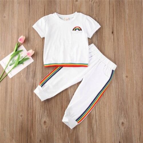 1-5Y Summer Fashion infant Baby Girls Clothes Sets Rainbow Print Short Sleeve T Shirts Tops+Long Pants 2Pcs