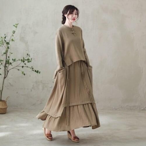 Literary Art Cotton Suit Female Two-Piece Suit 2021 Spring Autumn Traditional Chinese Style Clothing Women Tops Skirt Set 30746