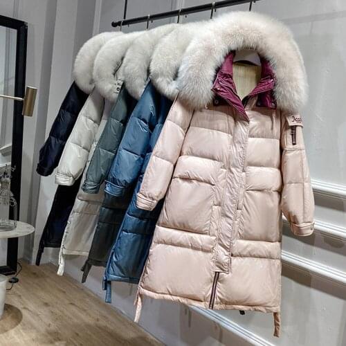 Winter Real Fur Hooded Long Jacket Women White Duck Down Coat Thick Parkas Artificial Fur Windbreak Warm Snow Outwear
