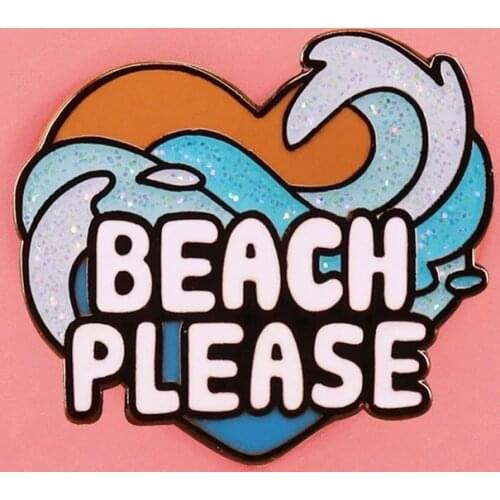 Summer Glitter Kawaii Beach Please Brooch Pins Enamel Metal Badges Lapel Pin Brooches Jackets Jeans Fashion Jewelry Accessories