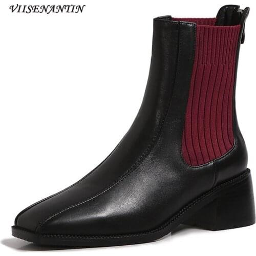 New Kniting Real Leather Short Women Square Toe Thick Heel British Style Slim Socks Chelsea Boots Autumn Platform Stretch Shoes
