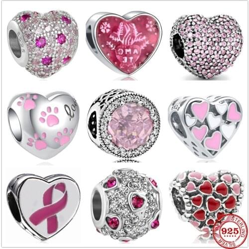 New 925 Sterling Silver Pink Zirconia Love Heart Dog Paw DIY fine beads Charm Fit Original Pandora Charm Bracelet For Women Gift