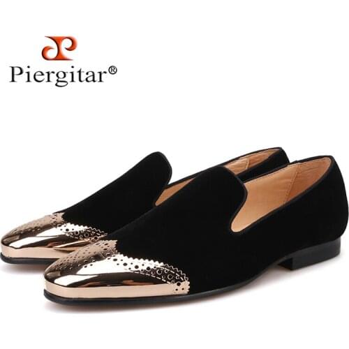 Piergitar 2019 new Black velvet shoes with gold Bullock buckle Fashion party and wedding men loafers Plus size men casual shoes