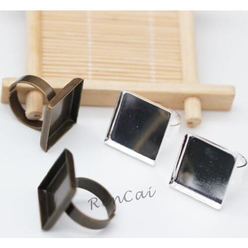 10pcs/Lot Copper Material Adjustable Ring Blank Bezels Base Settings Fit 20mm Square Glass Cabochon For DIY Jewelry Ring Making