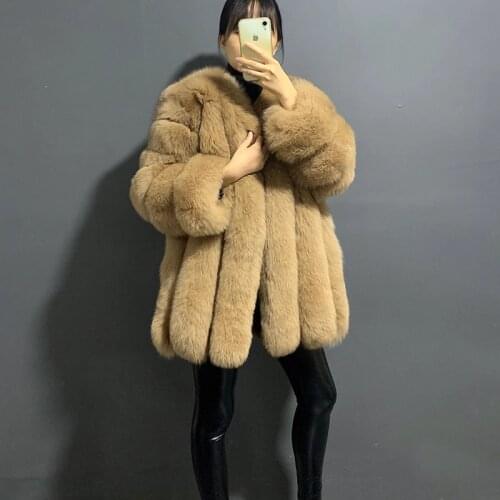 Rf20152 Real Fox Fur Coat for Women Long Sleeve Vertical Striped Winter Thick Fur Natural Fur Coat