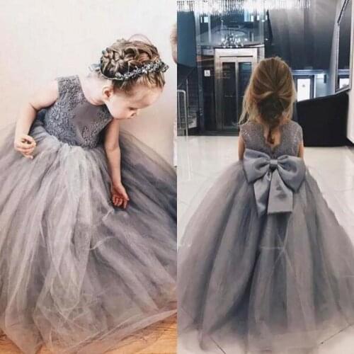 Grey Tulle Lace Flower Girl Dress for Wedding O Neck Sleeveless Baby Girl Birthday Party Gown Big Bow