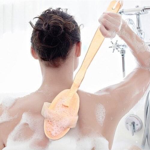 Body Brush Scrubber Long Handle Wooden Spa Shower Brush Boar Bristles Exfoliating Body Massager for Dry Brushing and Shower