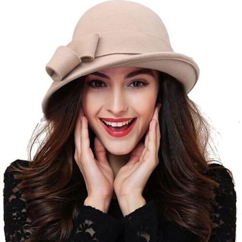 Women Party Formal Headwear Lady Winter Fashion Asymmetric Bowknot 100% Wool Felt Hats