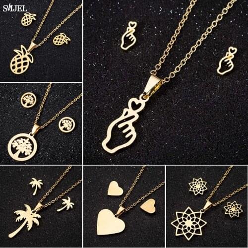 SMJEL Trendy Stainless Steel Woman Jewelry Sets for Women Summer Mandala Pineapple Coconut Tree Necklace Earrings Cactus Studs