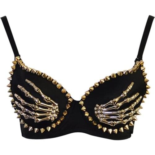 Sexy Lingerie Punk Skeleton Spike Studs Metallic Bra Evening Cocktail Party Clubwear Dancewear 919 one size ML