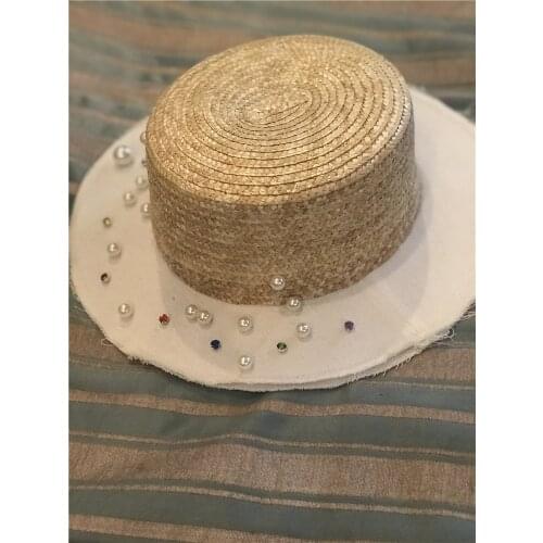 202006-hexing handmade straw patchwork white cloth brim many pearl lady fedoras cap women panama jazz outdoor hat