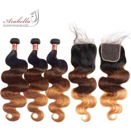 1B/4/27 Ombre Brazilian Human Hair Bundles With Closure Arabella Body Wave 100% Remy Hair Weave With Closure Free/Three Parts