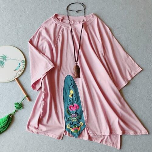 Women T shirt Embroidery Cotton Half Sleeve Big Size Vintage Fashion Pullovers Women Blouse YoYiKamomo